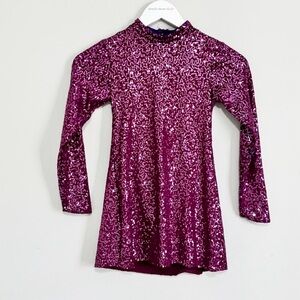 CURTAIN CALL Girl’s Purple Sequin Dance Costume Under Shorts Long Sleeve Sz CME